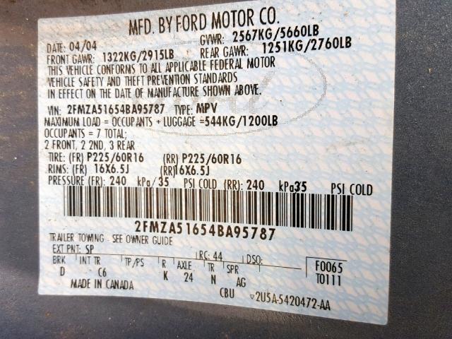 2FMZA51654BA95787 - 2004 FORD FREESTAR S BLUE photo 10