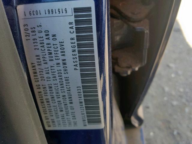 WVWSL61J34W140833 - 2004 VOLKSWAGEN JETTA GLS BLUE photo 10