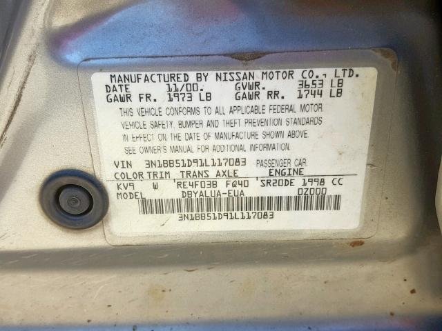 3N1BB51D91L117083 - 2001 NISSAN SENTRA SE SILVER photo 10