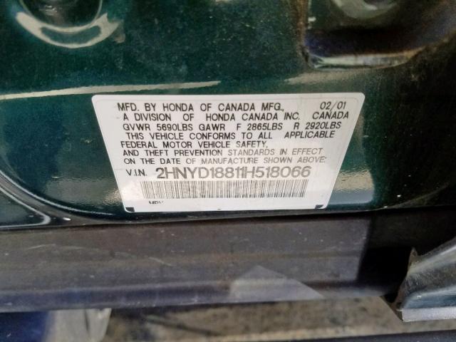 2HNYD18811H518066 - 2001 ACURA MDX TOURIN GREEN photo 10