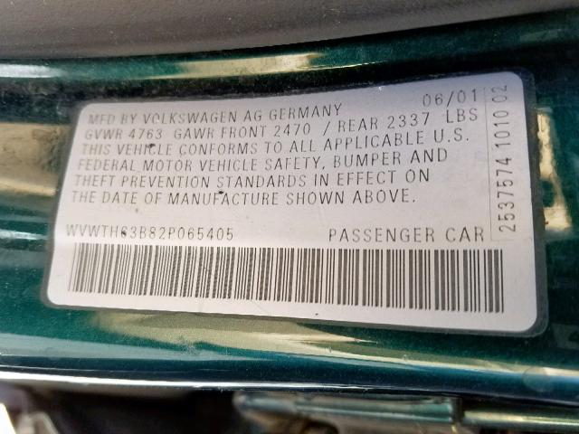 WVWTH63B82P065405 - 2002 VOLKSWAGEN PASSAT GLX GREEN photo 10