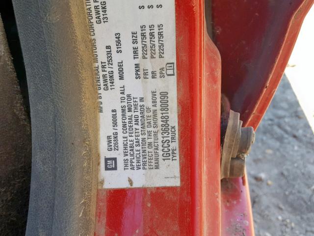 1GCCS136848180090 - 2004 CHEVROLET COLORADO RED photo 10