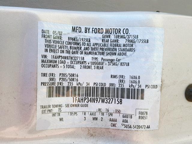 1FAHP34N97W327158 - 2007 FORD FOCUS ZX4 SILVER photo 10