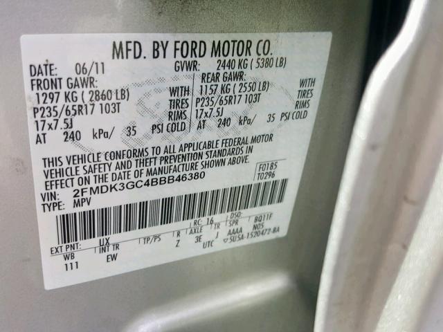 2FMDK3GC4BBB46380 - 2011 FORD EDGE SE SILVER photo 10