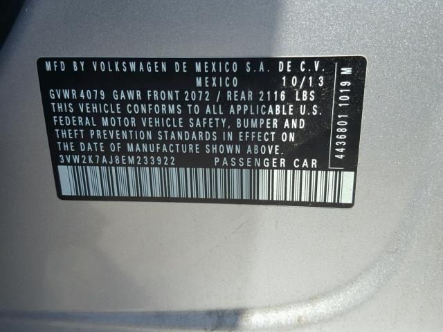 3VW2K7AJ8EM233922 - 2014 VOLKSWAGEN JETTA BASE SILVER photo 10
