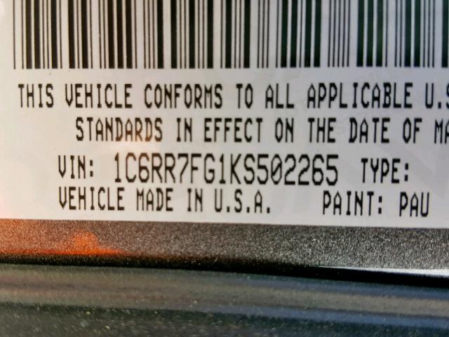 1C6RR7FG1KS502265 - 2019 RAM 1500 CLASS GRAY photo 10