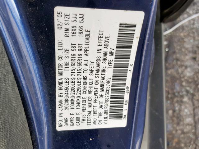 JHLRD78825C037462 - 2005 HONDA CR-V EX BLUE photo 10