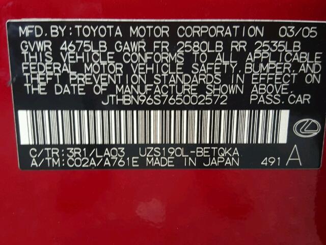 JTHBN96S765002572 - 2006 LEXUS GS GENERAT RED photo 10