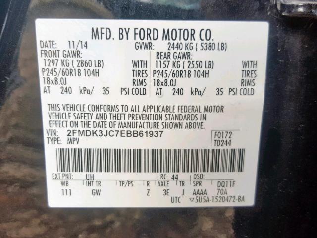 2FMDK3JC7EBB61937 - 2014 FORD EDGE SEL BLACK photo 10