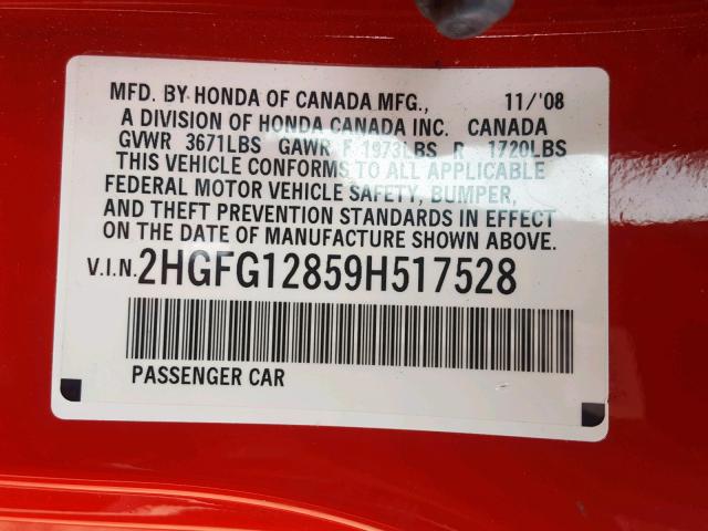 2HFGF12859H517528 - 2009 HONDA CIVIC DX RED photo 10