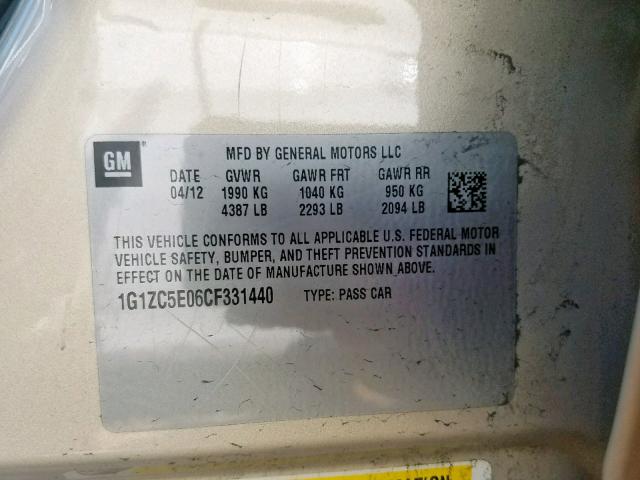 1G1ZC5E06CF331440 - 2012 CHEVROLET MALIBU 1LT 金色 照片 10