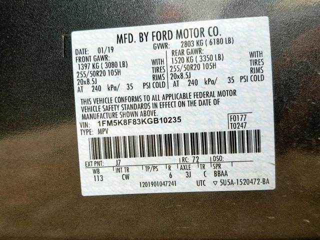 1FM5K8F83KGB10235 - 2019 FORD EXPLORER L GRAY photo 10