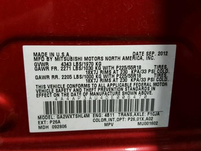 4A4AP3AU4DE006470 - 2013 MITSUBISHI OUTLANDER RED photo 10