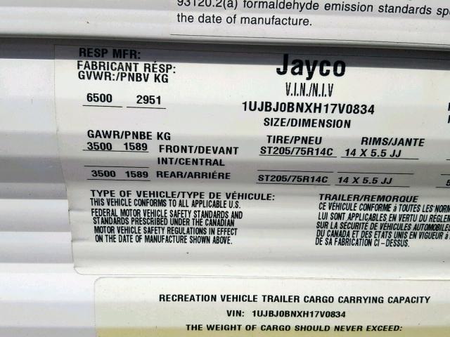 1UJBJ0BNXH17V0834 - 2017 JAYCO JAYFLIGHT  WHITE photo 10