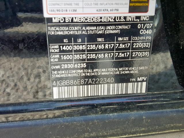 4JGBB86E87A222340 - 2007 MERCEDES-BENZ ML 350 BLACK photo 10