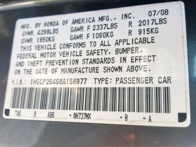 1HGCP26468A158977 - 2008 HONDA ACCORD LXP GRAY photo 10