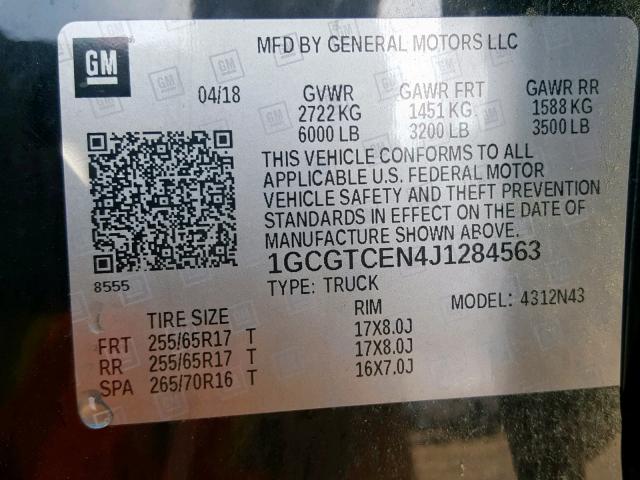 1GCGTCEN4J1284563 - 2018 CHEVROLET COLORADO L BLACK photo 10