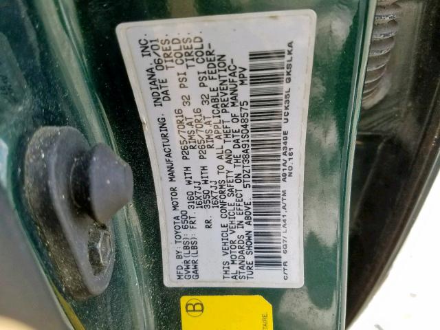 5TDZT38A91S048575 - 2001 TOYOTA SEQUOIA LI GREEN photo 10