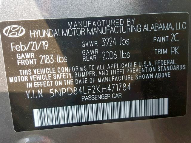 5NPD84LF2KH471784 - 2019 HYUNDAI ELANTRA SE GRAY photo 10