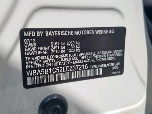 WBA5B1C52EDZ37216 - 2014 BMW 535 I WHITE photo 10