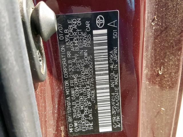 JTKDE177670206275 - 2007 TOYOTA SCION TC PURPLE photo 10