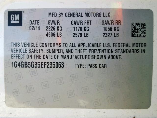 1G4GB5G35EF235063 - 2014 BUICK LACROSSE WHITE photo 10