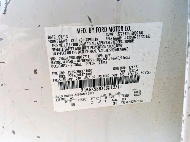 2FMGK5B8XEBD12711 - 2014 FORD FLEX SE WHITE photo 10