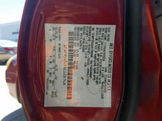 1FAFP52U33G128768 - 2003 FORD TAURUS LX RED photo 10