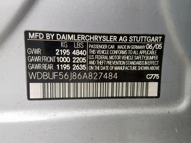 WDBUF56J86A827484 - 2006 MERCEDES-BENZ E 350 SILVER photo 10