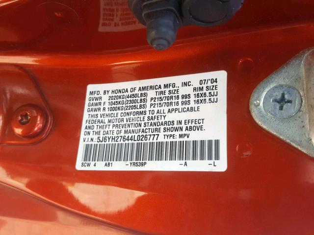 5J6YH27644L026777 - 2004 HONDA ELEMENT EX ORANGE photo 10