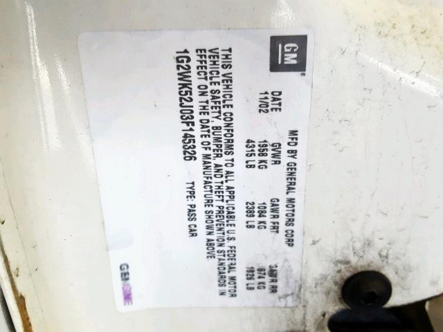 1G2WK52J03F145326 - 2003 PONTIAC GRAND PRIX WHITE photo 10