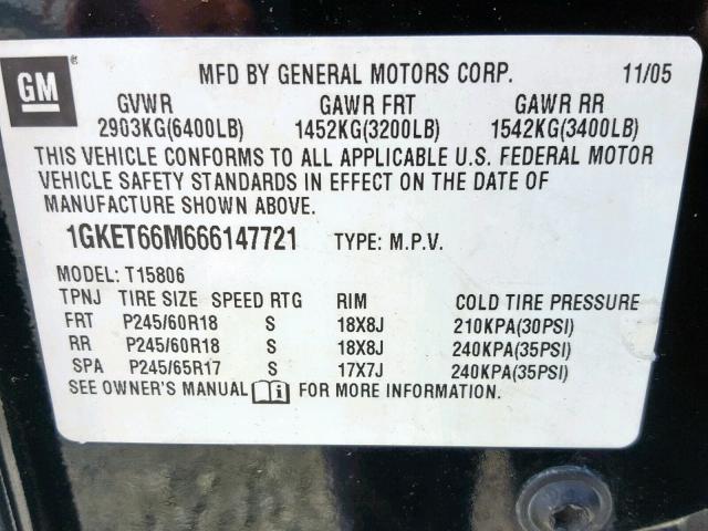 1GKET66M666147721 - 2006 GMC ENVOY DENA BLACK photo 10