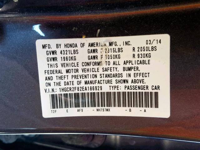 1HGCR2F82EA186929 - 2014 HONDA ACCORD EXL GRAY photo 10