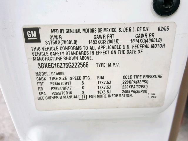 3GKEC16Z75G222566 - 2005 GMC YUKON XL C WHITE photo 10