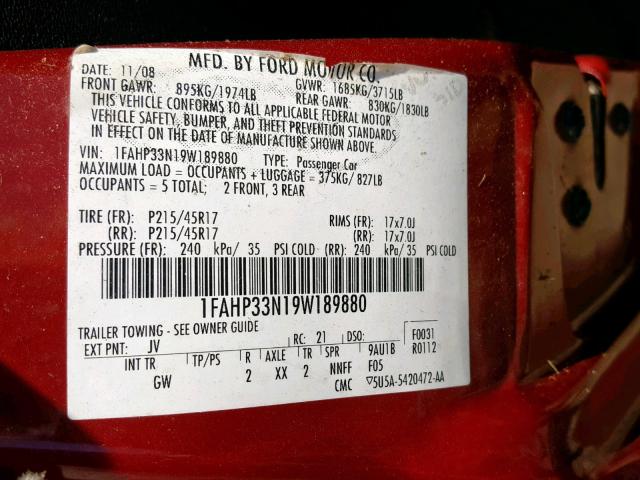 1FAHP33N19W189880 - 2009 FORD FOCUS SES RED photo 10