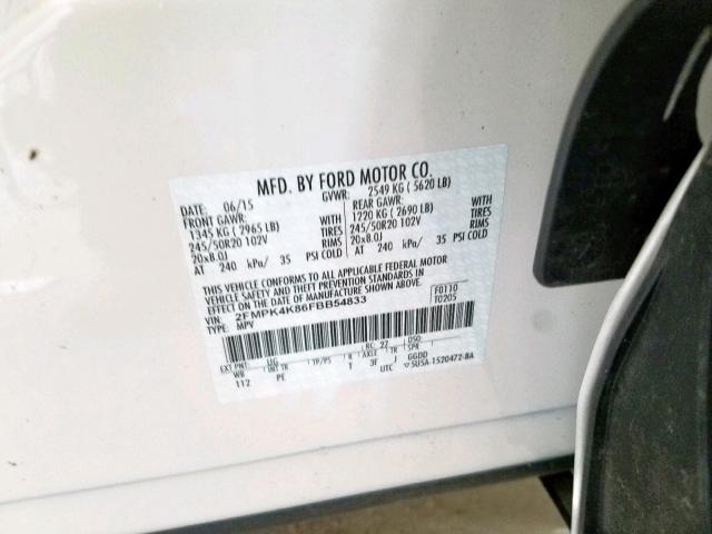 2FMPK4K86FBB54833 - 2015 FORD EDGE TITAN WHITE photo 10