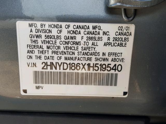 2HNYD186X1H519540 - 2001 ACURA MDX TOURIN GRAY photo 10