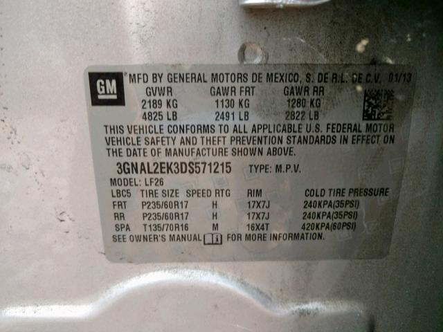 3GNAL2EK3DS571215 - 2013 CHEVROLET CAPTIVA LS 银色 照片 10