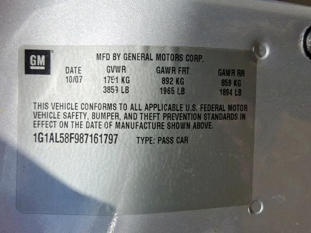 1G1AL58F987161797 - 2008 CHEVROLET COBALT LT SILVER photo 10