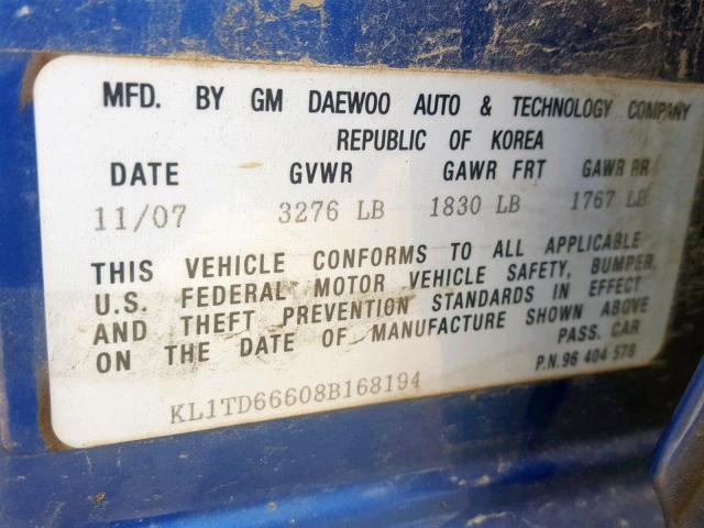 KL1TD66608B168194 - 2008 CHEVROLET AVEO BASE Mavi foto 10