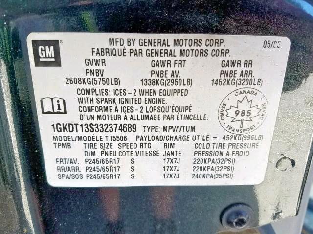 1GKDT13S332374689 - 2003 GMC ENVOY CHARCOAL photo 9