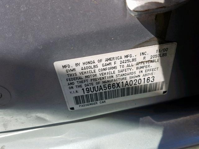 19UUA566X1A020163 - 2001 ACURA 3.2TL SILVER photo 10