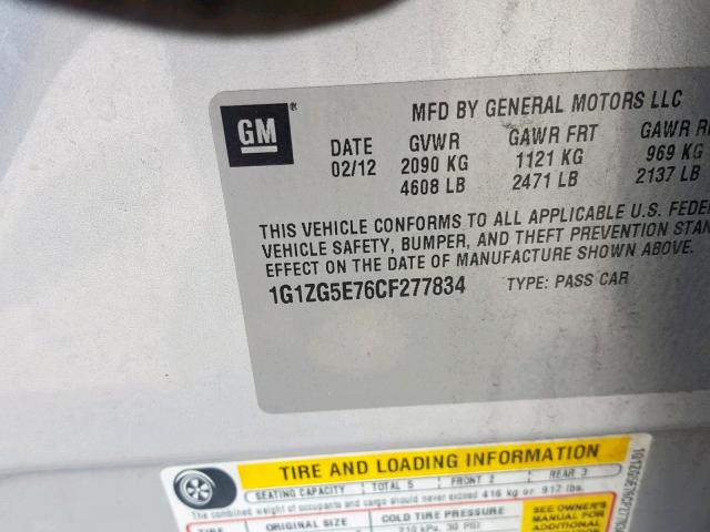 1G1ZG5E76CF277834 - 2012 CHEVROLET MALIBU LTZ ვერცხლისფერი ფოტო 10