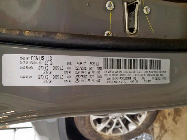 1C4PJMLB2KD364318 - 2019 JEEP CHEROKEE L GRAY photo 10