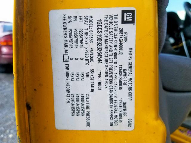 1GCCS195928264544 - 2002 CHEVROLET S TRUCK S1 YELLOW photo 10