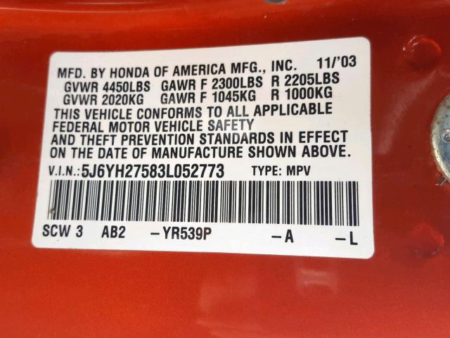 5J6YH27583L052773 - 2003 HONDA ELEMENT EX ORANGE photo 10