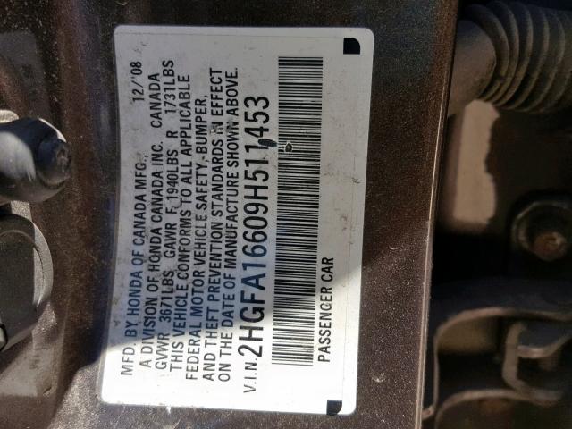 2HGFA16609H511453 - 2009 HONDA CIVIC LX-S Boz foto 10