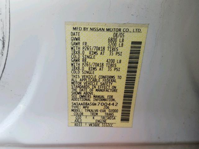 5N1AA08A56N700442 - 2006 NISSAN ARMADA SE WHITE photo 10