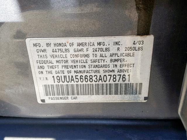 19UUA56683A078761 - 2003 ACURA 3.2TL GRAY photo 10