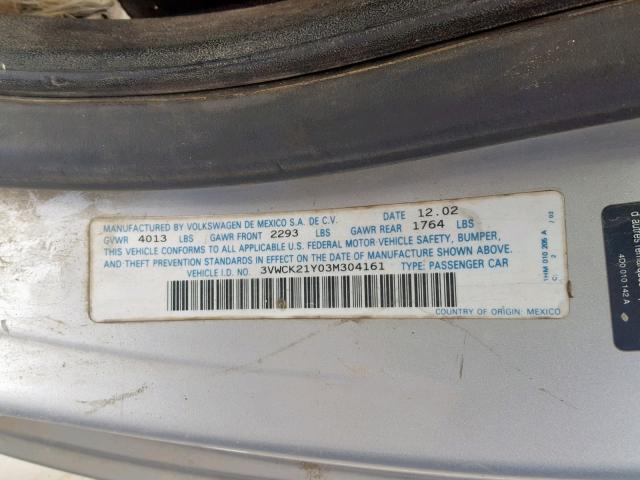 3VWCK21Y03M304161 - 2003 VOLKSWAGEN NEW BEETLE ვერცხლისფერი ფოტო 10